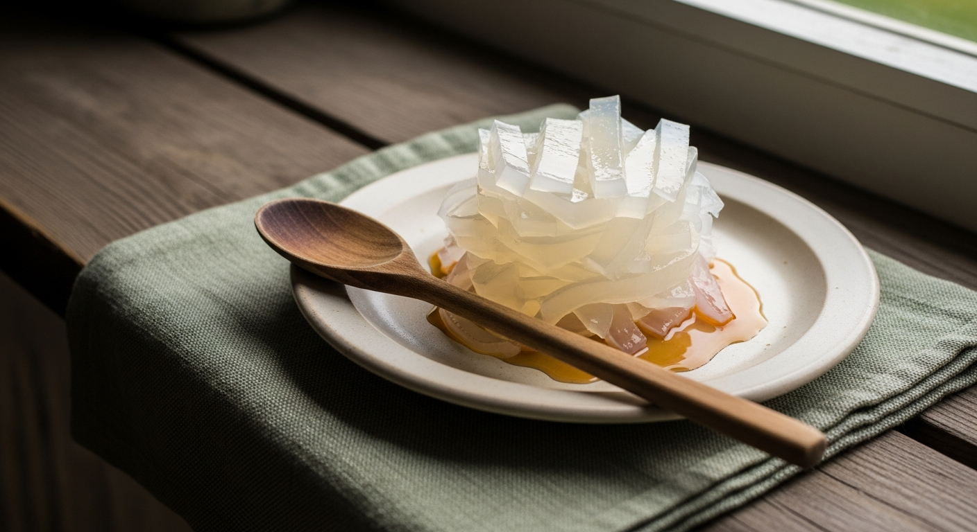 寒天の食物繊維量を象徴するアート写真。1食1.5g / 100g74.1g。