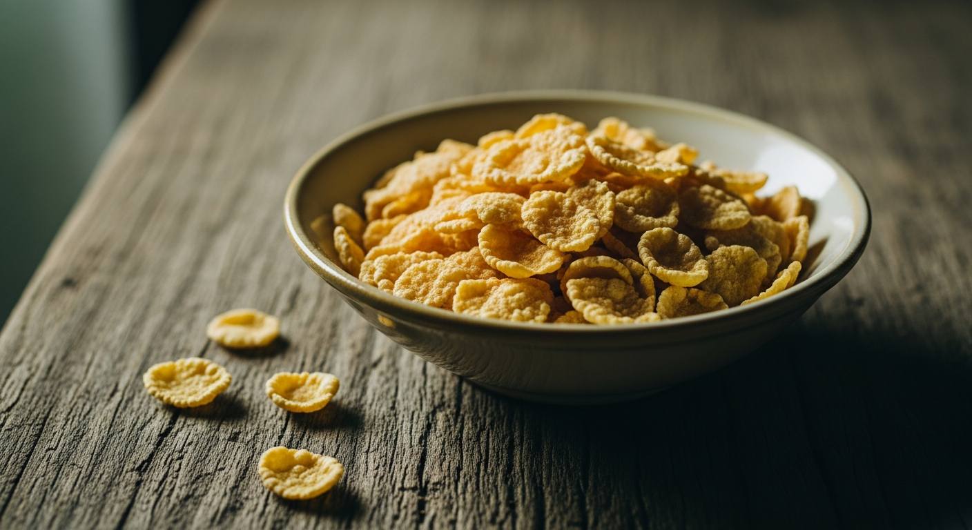 コーンフレーク(無糖)の食物繊維量を象徴するアート写真。1食1g / 100g2.5g。