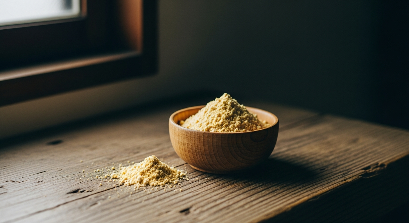 きな粉の食物繊維量を象徴するアート写真。1食1.7g / 100g16.9g。