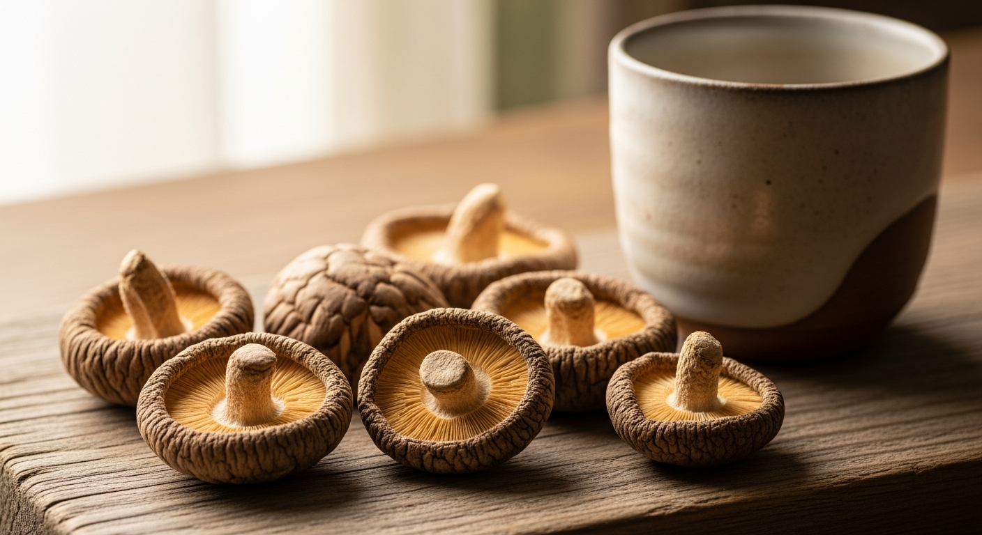 干し椎茸の食物繊維量を象徴するアート写真。1食3.8g / 100g38g。
