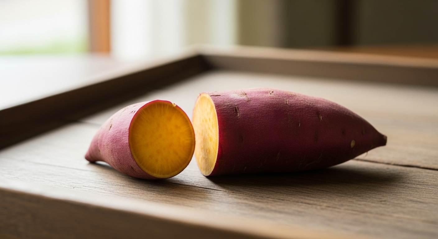 さつまいもの食物繊維量を象徴するアート写真。1食2.3g / 100g2.3g。