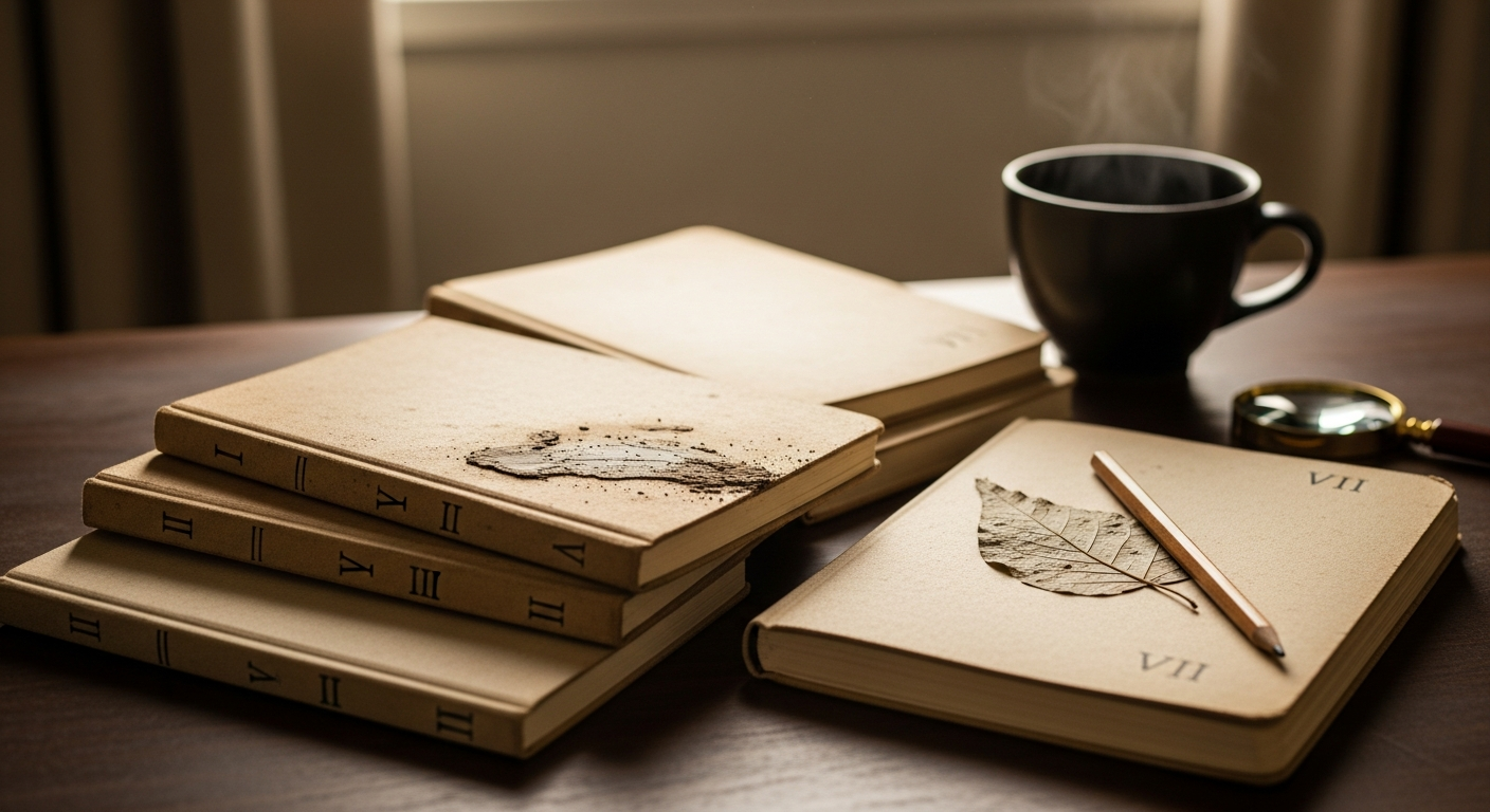 木の机に広がる7冊の手書きノート、鉛筆、湯気の立つ茶。土井耕一の7講義。