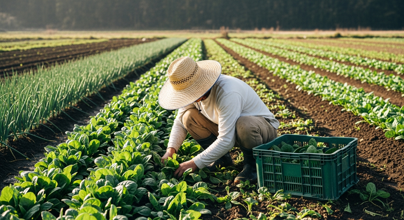 麦わら帽子で顔の見えない農家が、葉物野菜の畝にかがんで収穫している朝の有機畑。