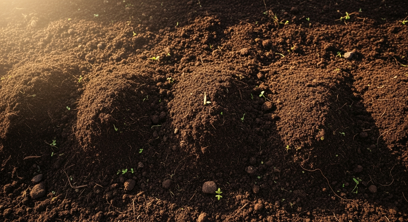 夕光に照らされた畝立て直後の有機畑。豊かな黒土に小さな双葉が顔を出している。
